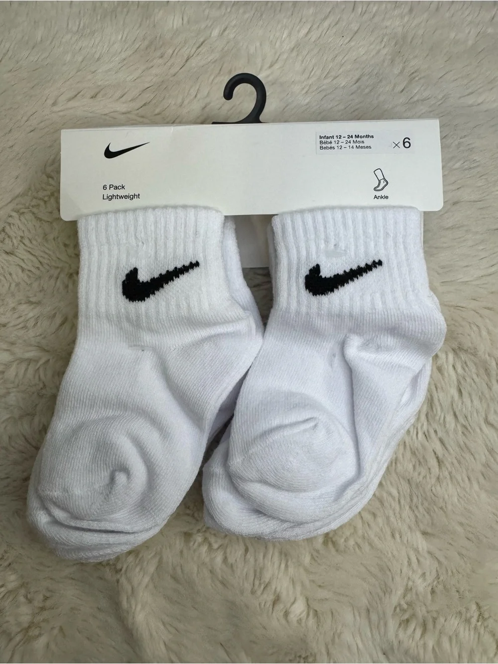 Nike White Infant Ankle Socks with Black Swoosh - Kids 6 Pack